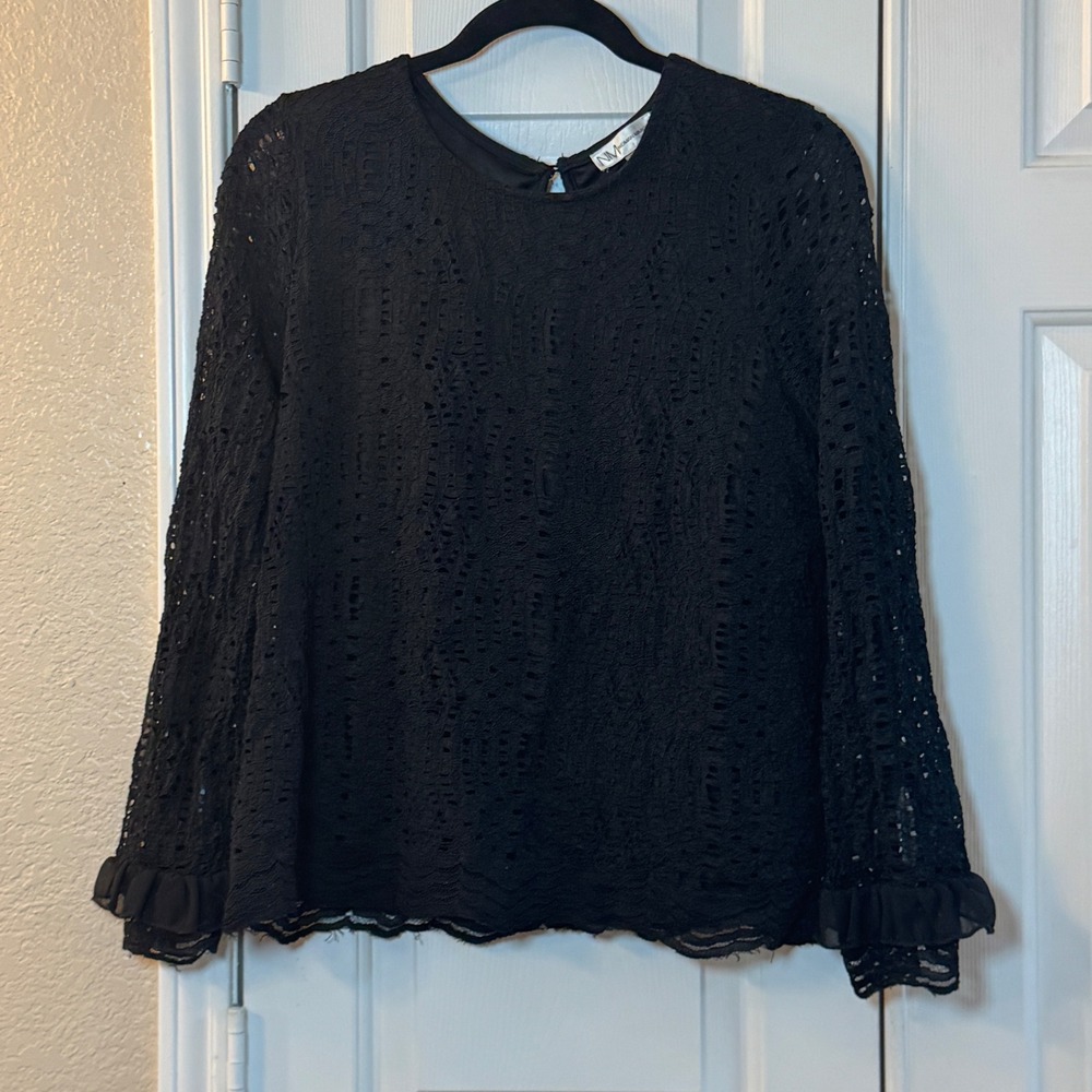 Neiman Marcus Women Black Battenburg Lace Long Sleeve Top Size XL Victorian Goth